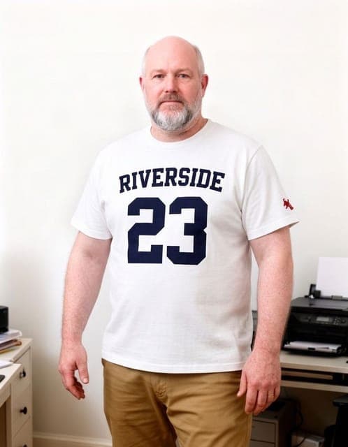 Nano Banana 2: the RIVERSIDE 23 tee with the small red sleeve logo, same man, in all 3 runs