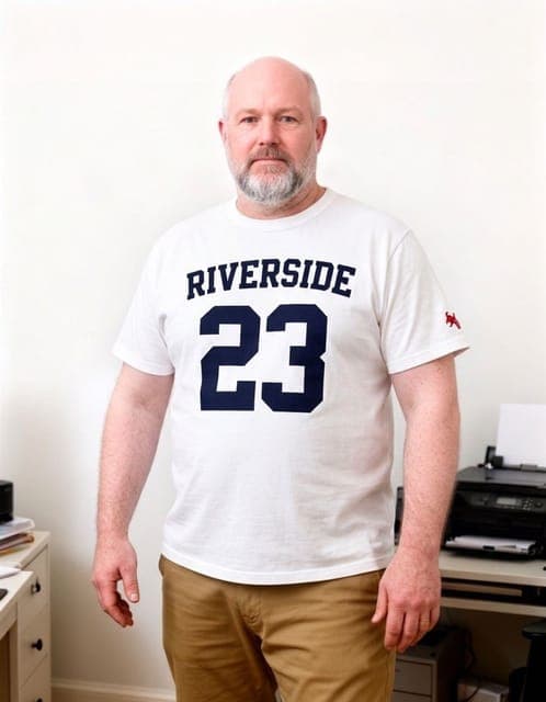 OutfitGen Engine: the RIVERSIDE 23 tee with the small red sleeve logo, same man, in all 3 runs