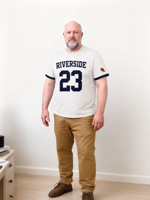 Qwen Image 3: a ringer tee with navy trim, zoomed out to full body