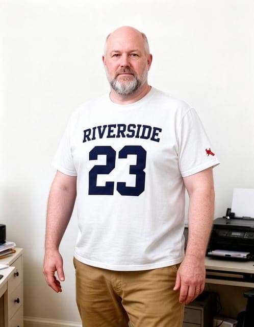 Seedream 5 Flash: the RIVERSIDE 23 tee with the small red sleeve logo, same man, in all 3 runs