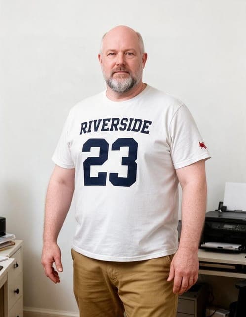 Seedream 5 Pro: the RIVERSIDE 23 tee with the small red sleeve logo, same man, in all 3 runs