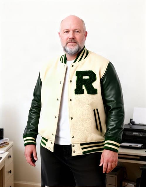 FASHN Try-On v1.6: the varsity jacket fitted to his own build, same face, beard and age, in all 3 runs