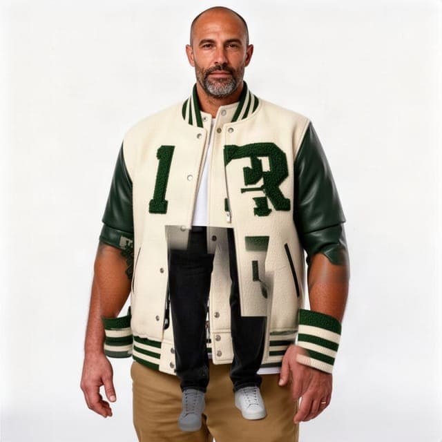 Flux 2 Turbo: the man from the product photo in a jacket with three garbled R patches
