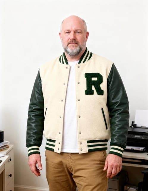 GPT Image 2.5 Flare (high): the varsity jacket fitted to his own build, same face, beard and age, in all 3 runs
