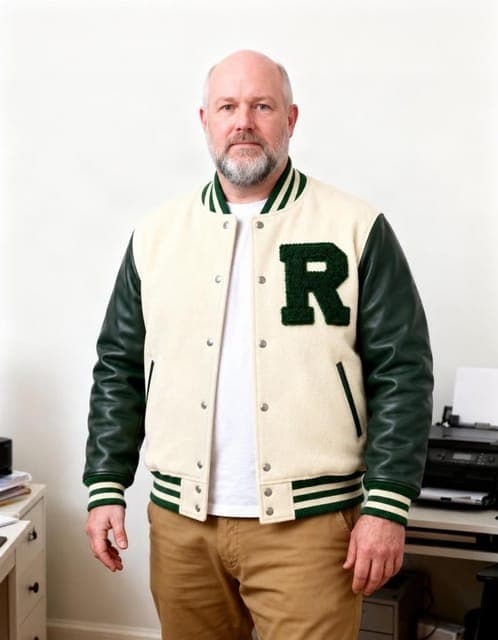 GPT Image 2.5 Flare (medium): the varsity jacket fitted to his own build, same face, beard and age, in all 3 runs