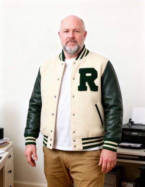 Muse Image: the varsity jacket fitted to his own build, same face, beard and age, in all 3 runs