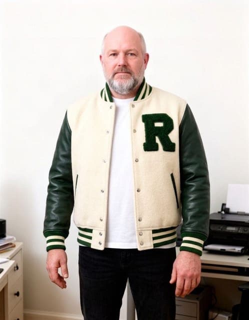 Nano Banana 2.1: the varsity jacket fitted to his own build, same face, beard and age, in all 3 runs