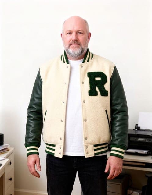Nano Banana 2: the varsity jacket fitted to his own build, same face, beard and age, in all 3 runs
