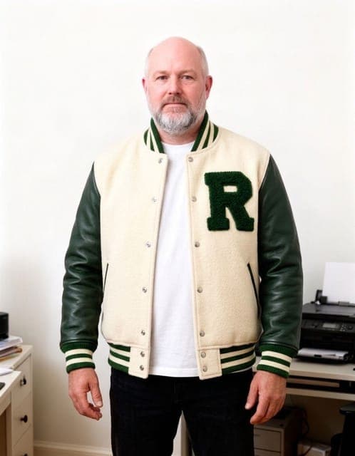 OutfitGen Engine: the varsity jacket fitted to his own build, same face, beard and age, in all 3 runs