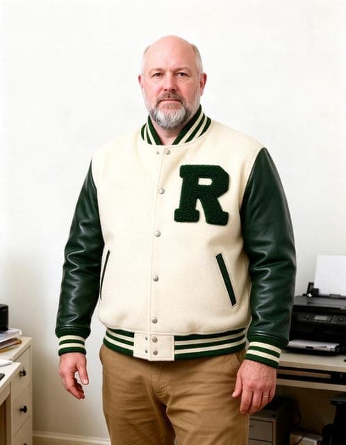 Seedream 5 Flash: the varsity jacket fitted to his own build, same face, beard and age, in all 3 runs