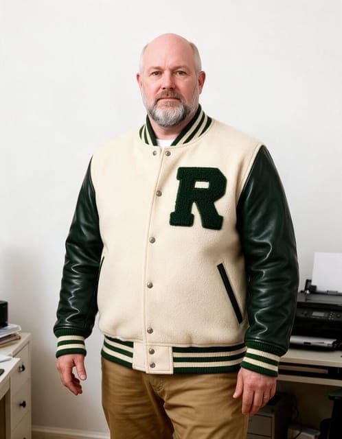 Seedream 5 Pro: the varsity jacket fitted to his own build, same face, beard and age, in all 3 runs