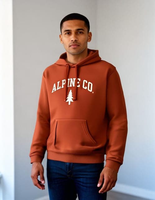 FASHN Try-On v1.6: hoodie copied with a slightly larger wordmark, same man, in all 3 runs