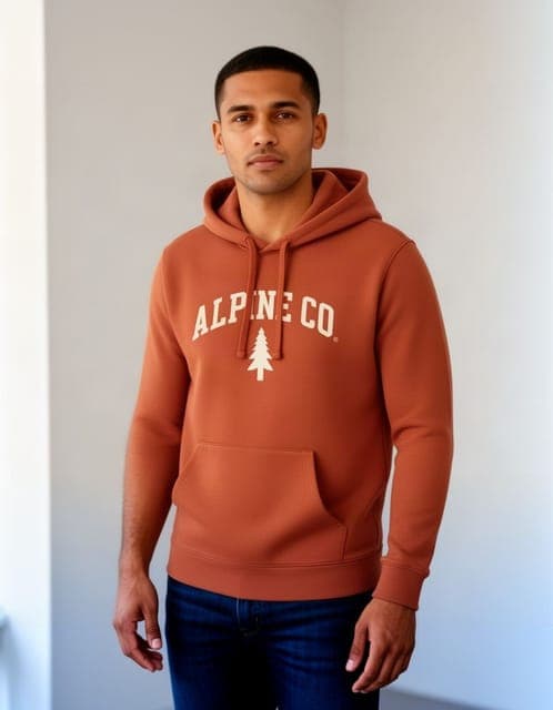Flux 2: rust hoodie with the ALPINE CO. wordmark and pine emblem, same man and room, in all 3 runs