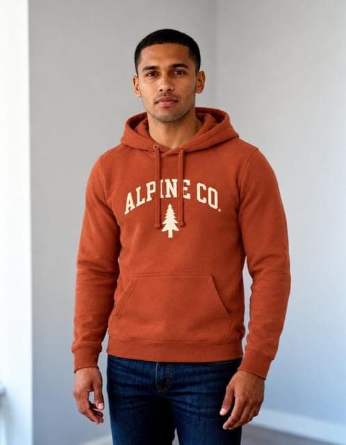GPT Image 2.5 Flare (high): rust hoodie with the ALPINE CO. wordmark and pine emblem, same man and room, in all 3 runs