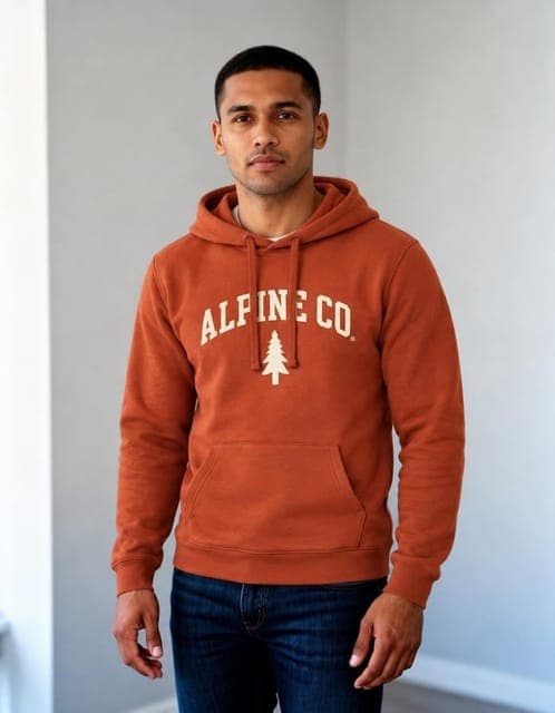 GPT Image 2.5 Flare (medium): rust hoodie with the ALPINE CO. wordmark and pine emblem, same man and room, in all 3 runs