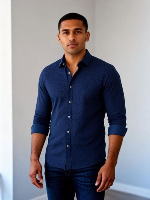 Grok Imagine 2.0: a navy button-down shirt instead of the hoodie; the hoodie appeared in none of 3 runs