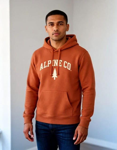 Muse Image: rust hoodie with the ALPINE CO. wordmark and pine emblem, same man and room, in all 3 runs
