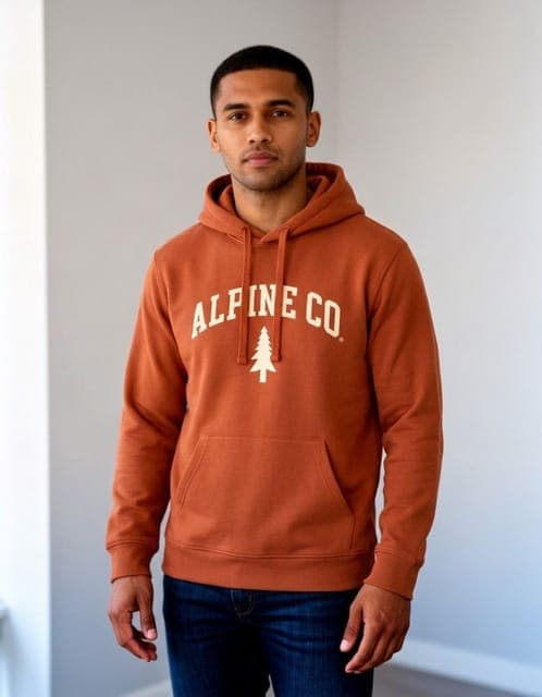 Nano Banana 2: rust hoodie with the ALPINE CO. wordmark and pine emblem, same man and room, in all 3 runs