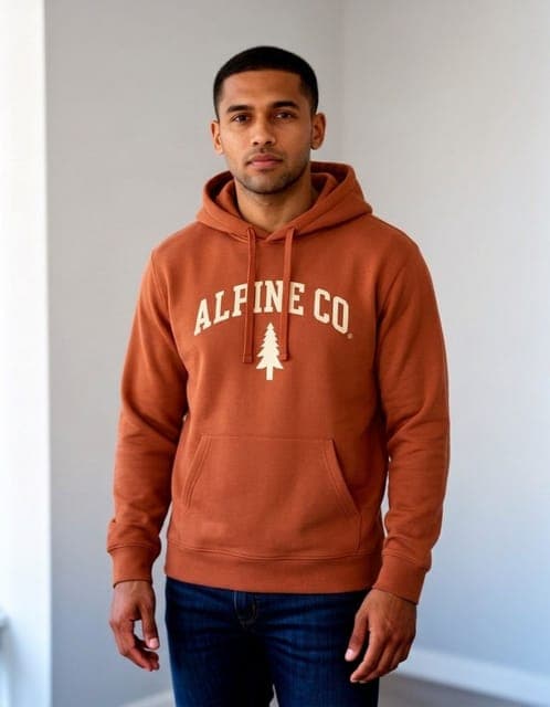 OutfitGen Engine: rust hoodie with the ALPINE CO. wordmark and pine emblem, same man and room, in all 3 runs