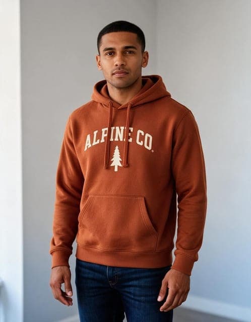 Seedream 5 Pro: rust hoodie with the ALPINE CO. wordmark and pine emblem, same man and room, in all 3 runs