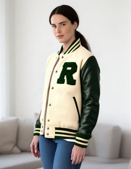 FASHN Try-On v1.6: the varsity jacket with the chenille R on the same woman, in all 3 runs