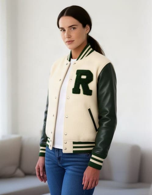 Flux 2: the varsity jacket with the chenille R on the same woman, in all 3 runs