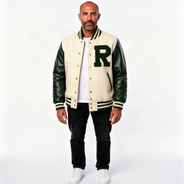 Flux 2 Turbo returned the man from the product photo in the jacket, full length on a studio backdrop; the woman is gone, in all 3 runs