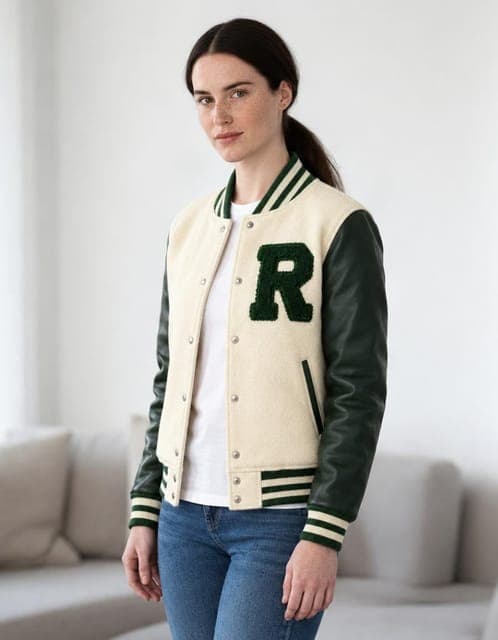 GPT Image 2.5 Flare (high): the varsity jacket with the chenille R on the same woman, in all 3 runs