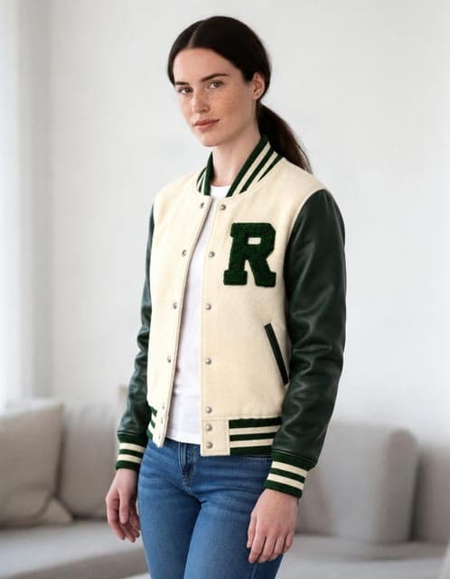 GPT Image 2.5 Flare (medium): the varsity jacket with the chenille R on the same woman, in all 3 runs