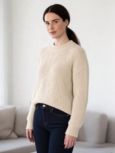 Grok Imagine 2.0: a cream cable-knit sweater instead of the jacket