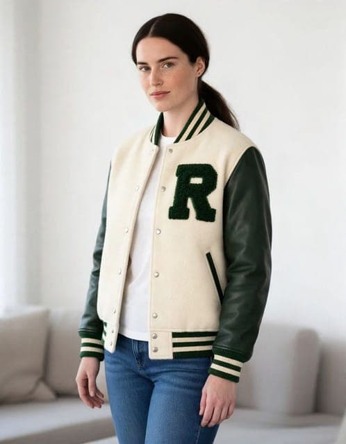 Muse Image: the varsity jacket with the chenille R on the same woman, in all 3 runs