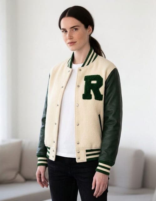 OutfitGen Engine: the varsity jacket on the same woman in all 3 runs, with her jeans swapped for the product photo's black jeans