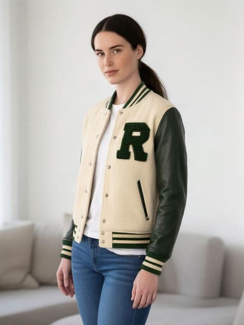 Qwen Image 3: the varsity jacket with the chenille R on the same woman, in all 3 runs