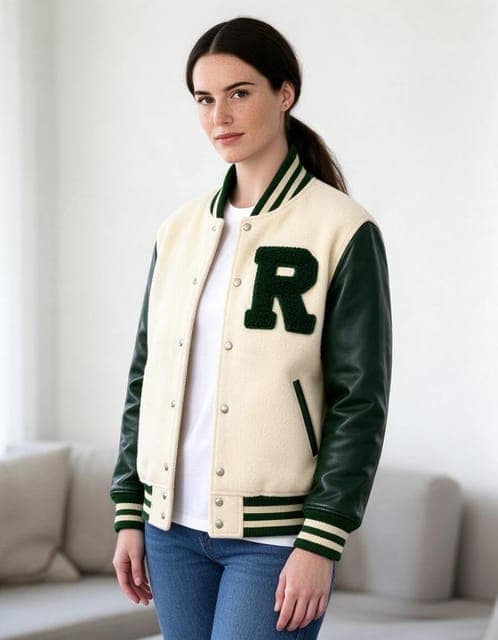 Seedream 5 Flash: the varsity jacket with the chenille R on the same woman, in all 3 runs