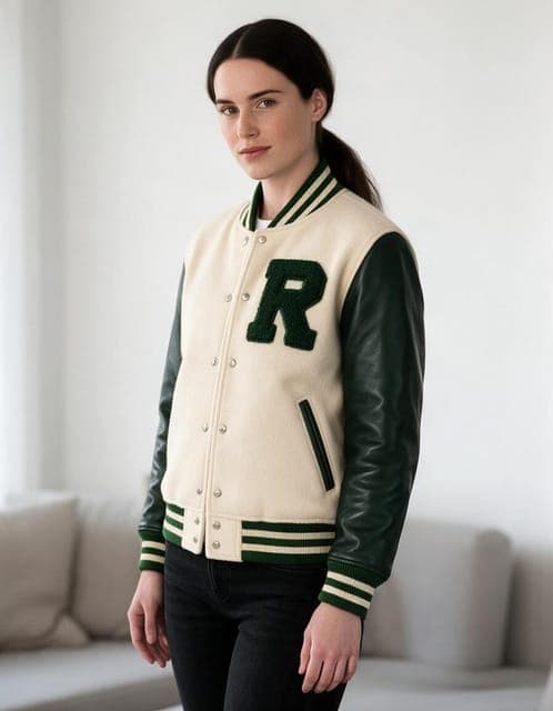 Seedream 5 Pro: the varsity jacket on the same woman in all 3 runs, with her jeans swapped for black jeans