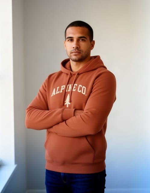 Flux 2: hoodie and wordmark copied above the crossed arms, same man, in all 3 runs