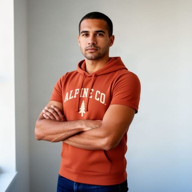 Flux 2 Flash: a short-sleeved hoodie with bare forearms crossed, in 2 of 3 runs