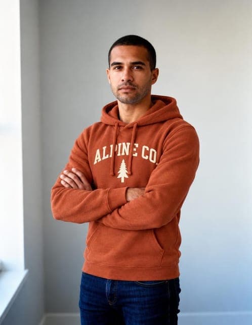 GPT Image 2.5 Flare (high): hoodie and wordmark copied above the crossed arms, same man, in all 3 runs