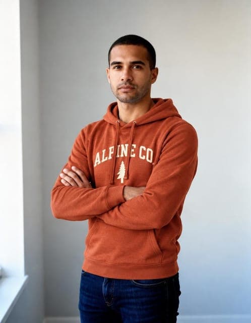 GPT Image 2.5 Flare (medium): hoodie and wordmark copied above the crossed arms, same man, in all 3 runs