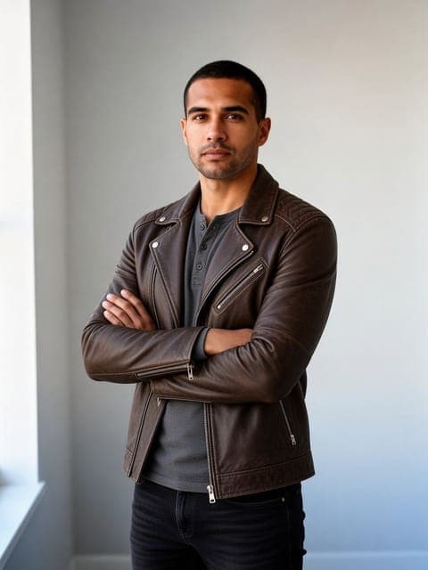 Grok Imagine 2.0: a brown leather jacket instead of the hoodie; the arms stayed crossed