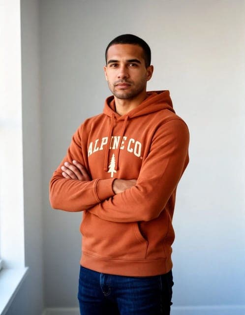 Muse Image: hoodie and wordmark copied above the crossed arms, same man, in all 3 runs