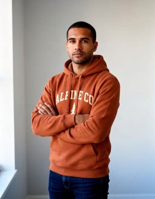 Nano Banana 2.1: hoodie and wordmark copied above the crossed arms, same man, in all 3 runs