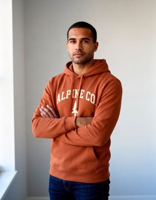 Nano Banana 2: hoodie and wordmark copied above the crossed arms, same man, in all 3 runs