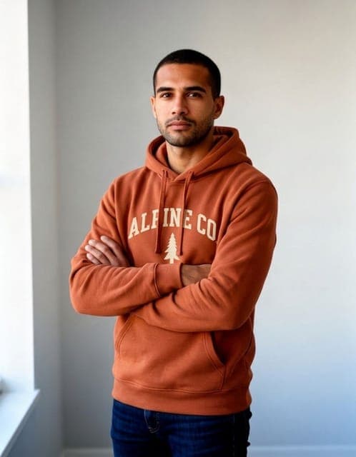 OutfitGen Engine: hoodie and wordmark copied above the crossed arms, same man, in all 3 runs