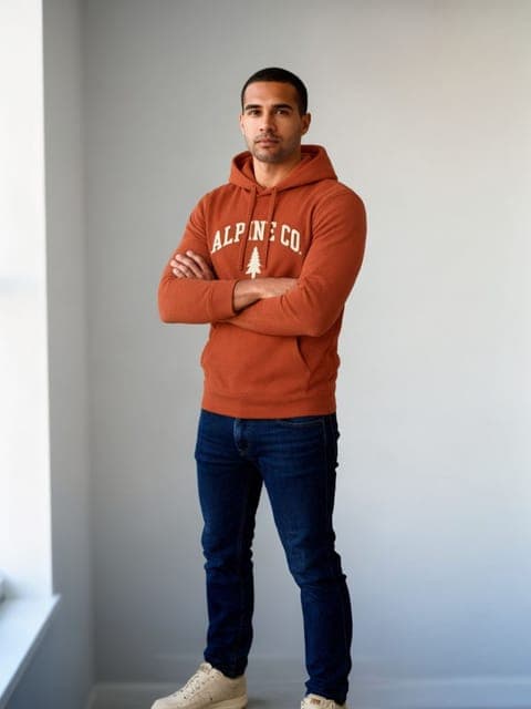 Qwen Image 3: hoodie copied with the arms still crossed, zoomed out to full body in this run