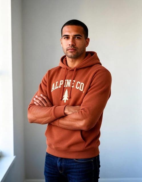 Seedream 5 Flash: hoodie and wordmark copied above the crossed arms, same man, in all 3 runs