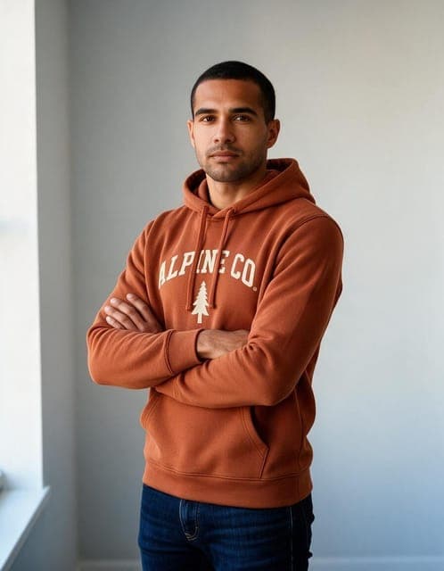 Seedream 5 Pro: hoodie and wordmark copied above the crossed arms, same man, in all 3 runs