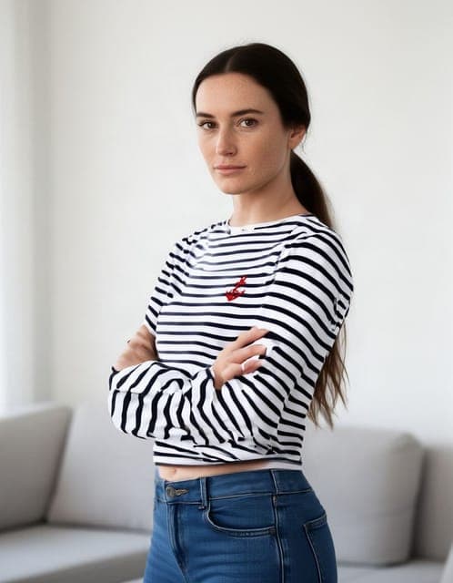 FASHN Try-On v1.6: Breton top copied with the arms crossed; the stripes warped on the arms in 2 of 3 runs