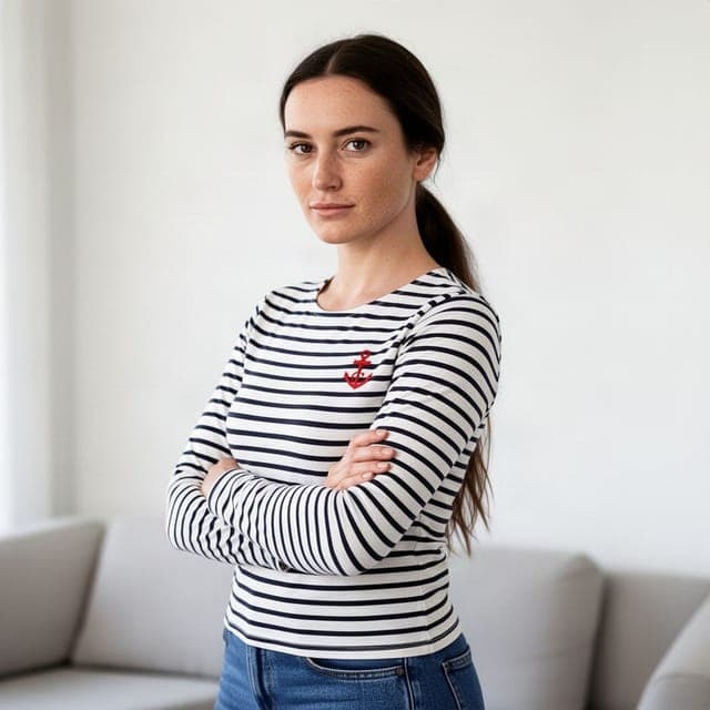 Flux 2 Turbo: Breton top copied; a navy hem band was added in 1 of 3 runs