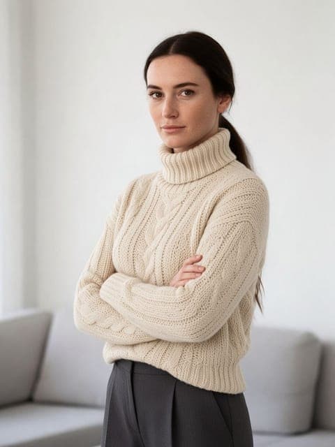 Grok Imagine 2.0: a cream cable-knit turtleneck instead of the striped top